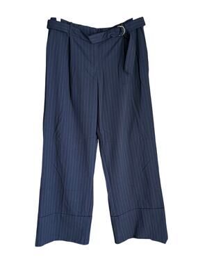 Zara Navy Blue Pinstripe Pleated Wide Leg Trouser Pants Sz L Classic Preppy Chic